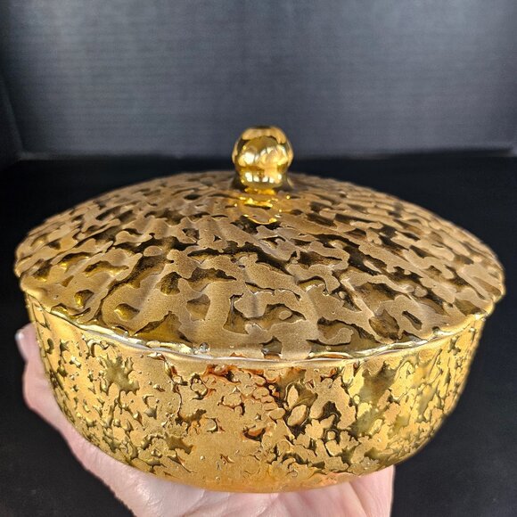1950s Hand Decorated 22KT Gold Candy Dish With Lid. Weeping Bright Gold. MCM - Picture 8 of 8